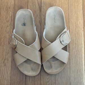 Qupid Beige Cross-Strap Sandals